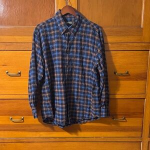 Orvis Men's Navy and Brown Checkered Flannel Shirt